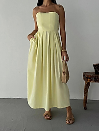 PREMİUM STRAPLEZ KETEN CEPLİ ELBİSE SARI