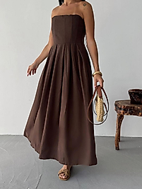 PREMİUM STRAPLEZ KETEN CEPLİ ELBİSE KAHVE