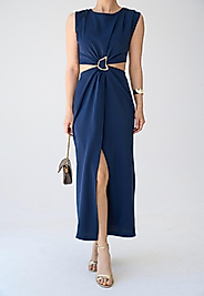 BEL DEKOLTELİ TOKALI ŞIK ELBİSE LACİVERT