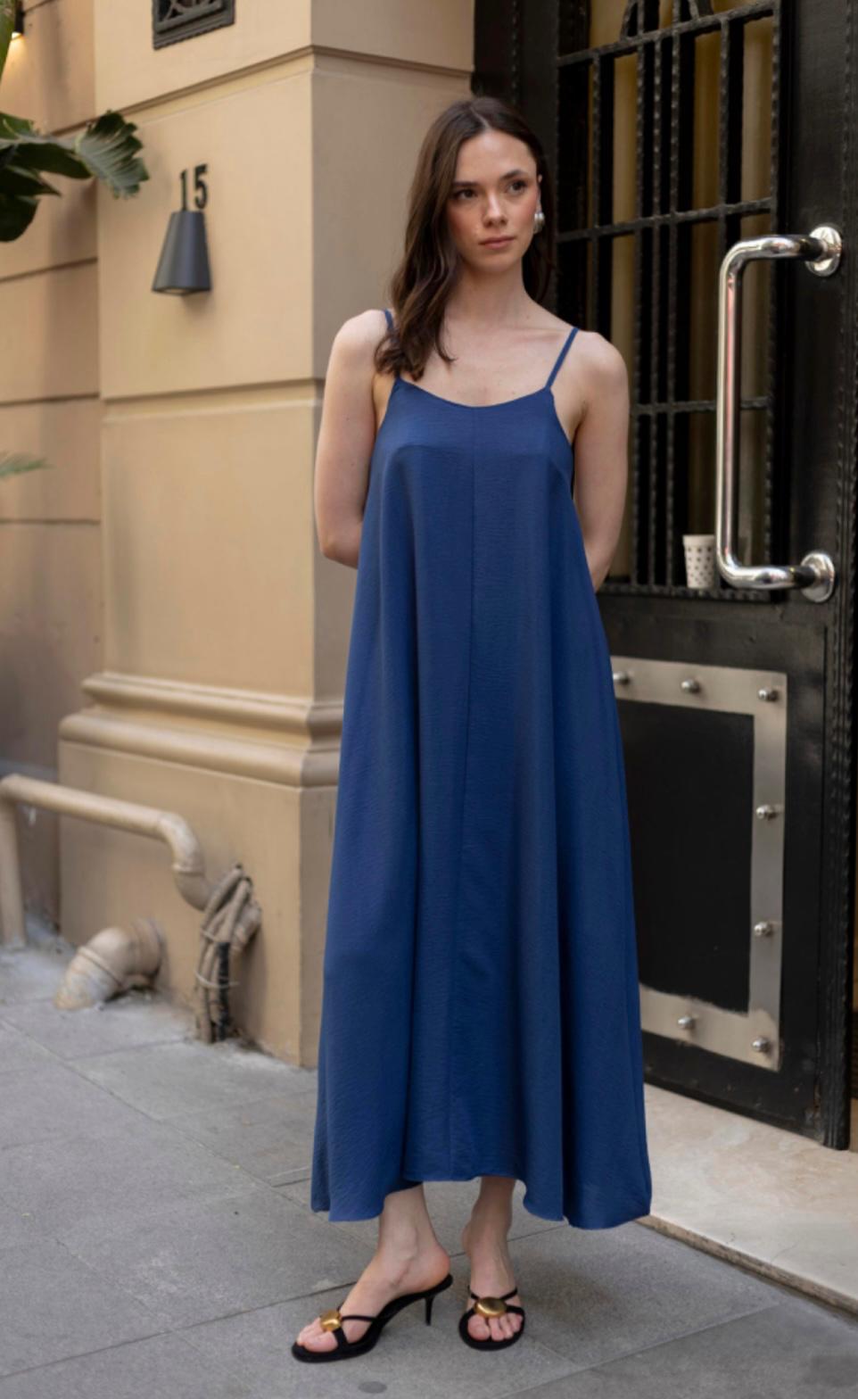 KADIN ASKILI BASİC UZUN ELBİSE MAVİ