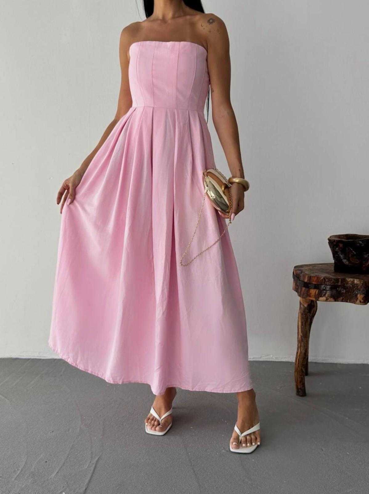 PREMİUM STRAPLEZ KETEN CEPLİ ELBİSE PEMBE