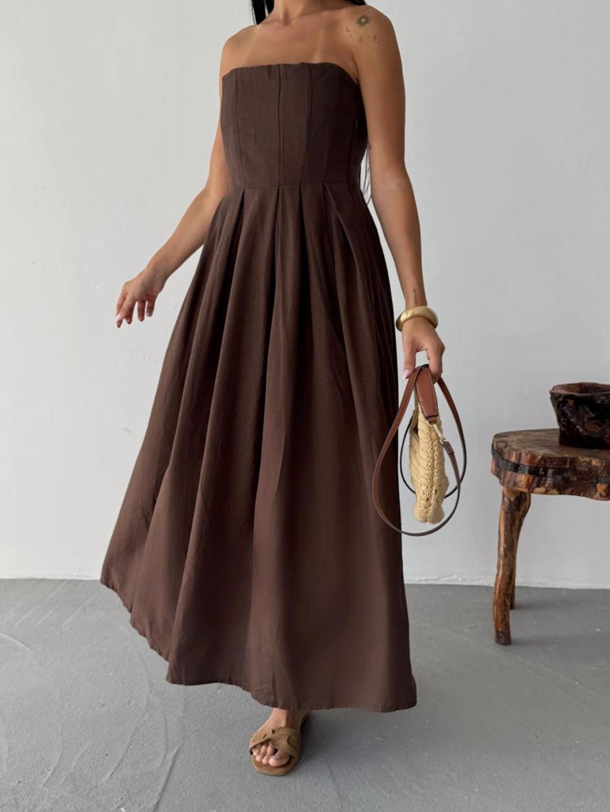 PREMİUM STRAPLEZ KETEN CEPLİ ELBİSE KAHVE