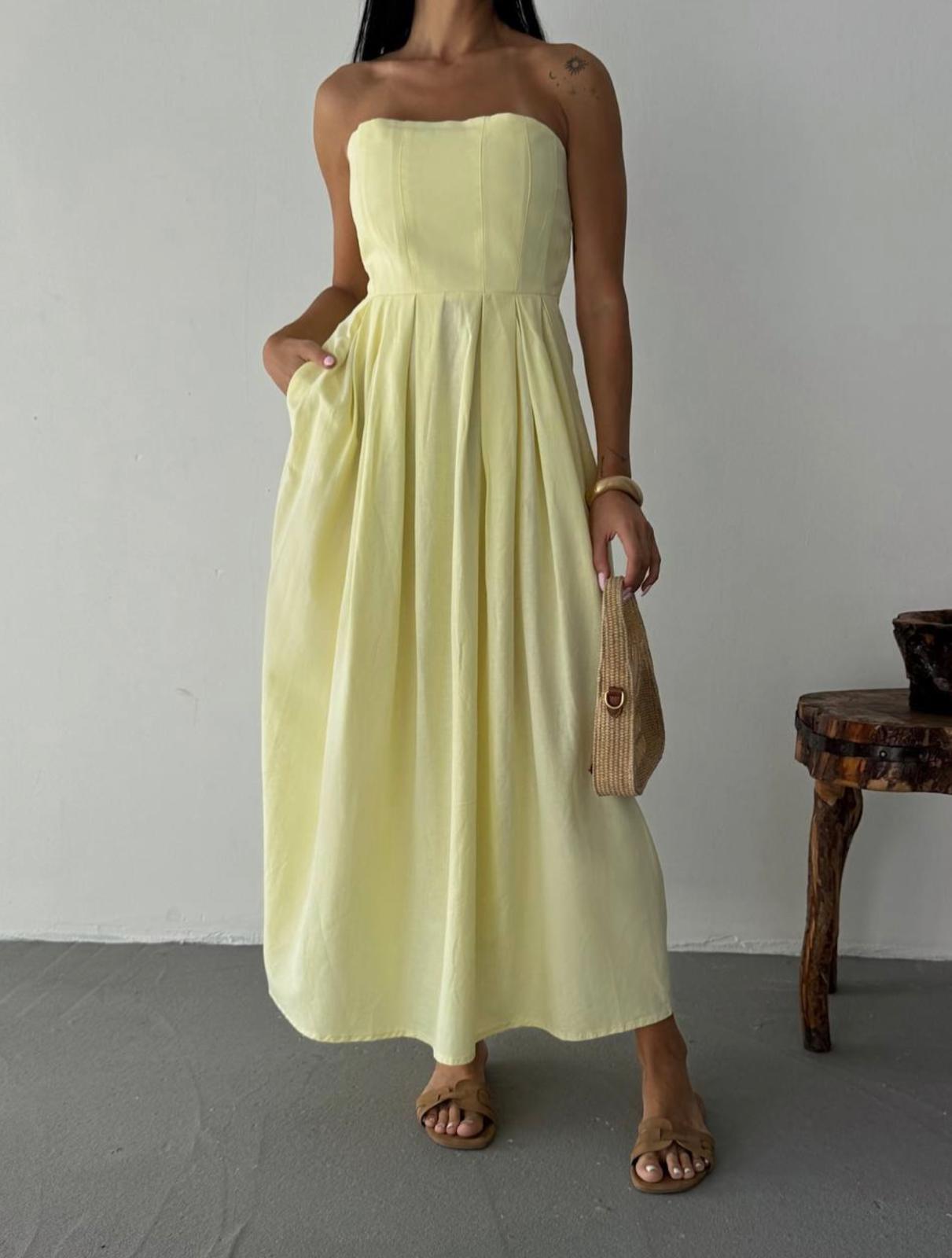 PREMİUM STRAPLEZ KETEN CEPLİ ELBİSE SARI